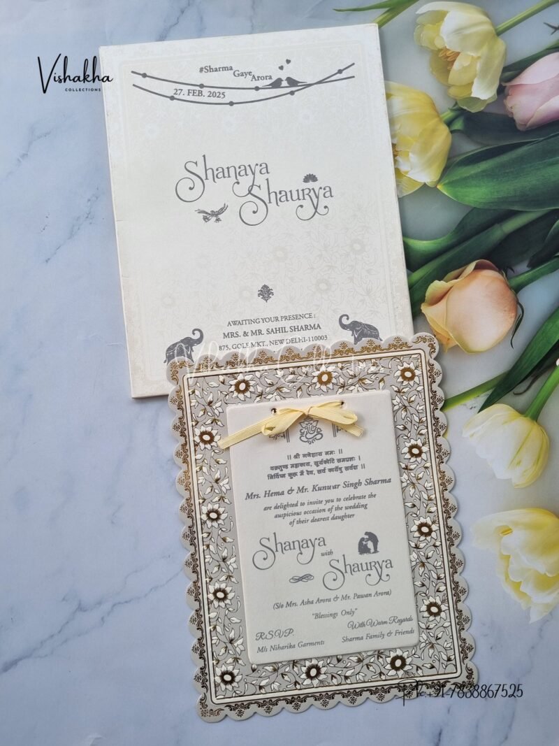 Semi Box White And golden Hindu Muslim Christian y Sikh invitation Cards ATS-1617B