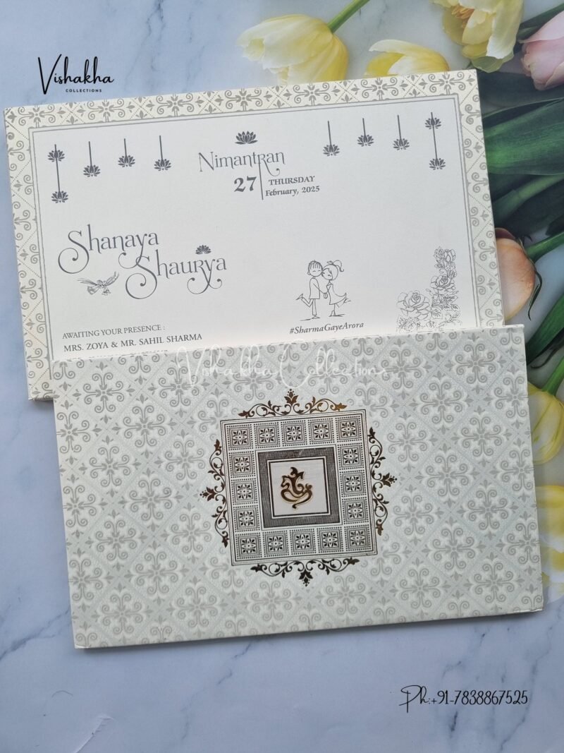 Semi Box White And golden Hindu Padded invitation Cards ATS-1241