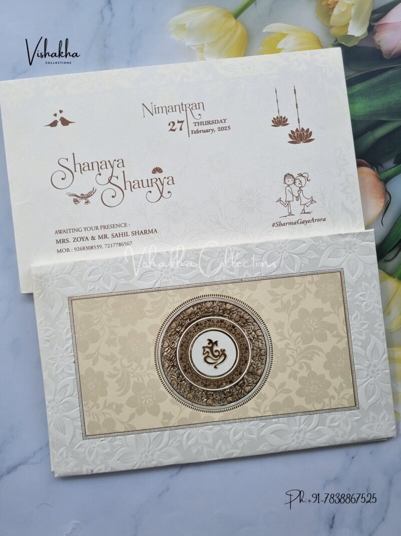 Semi Box White And golden Hindu Padded invitation Cards ATS-1242