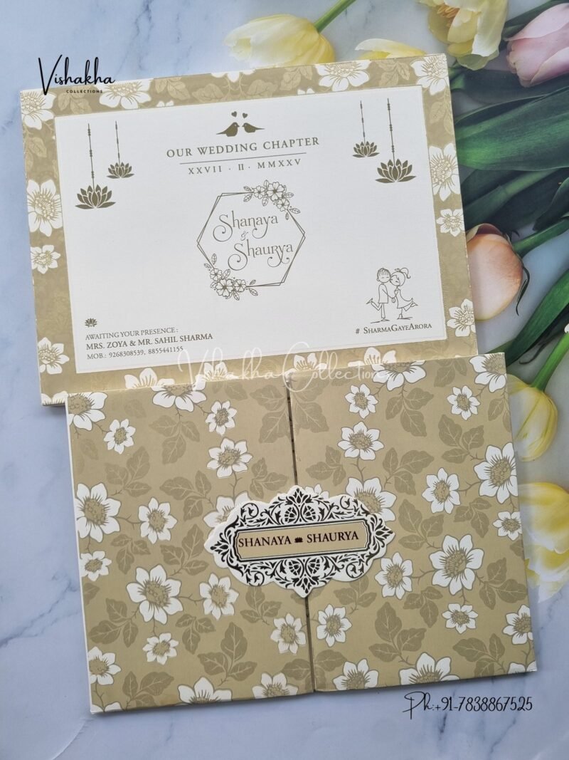 Semi Box White And golden Hindu Padded invitation Cards ATS-1245