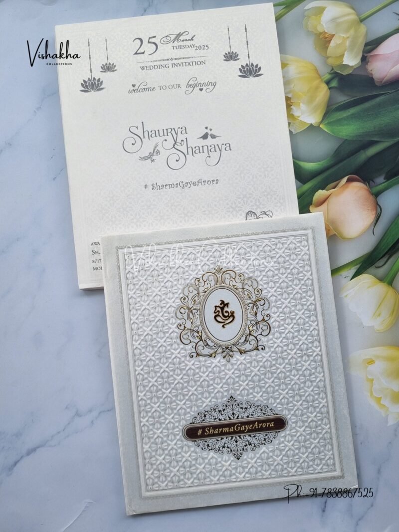 Semi Box White And golden Hindu Padded invitation Cards ATS-1250A