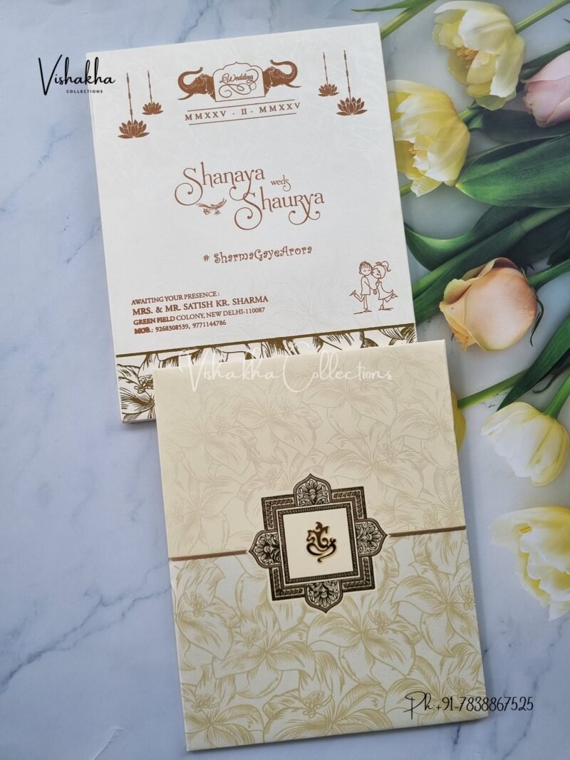 Semi Box White And golden Hindu Padded invitation Cards ATS-1252