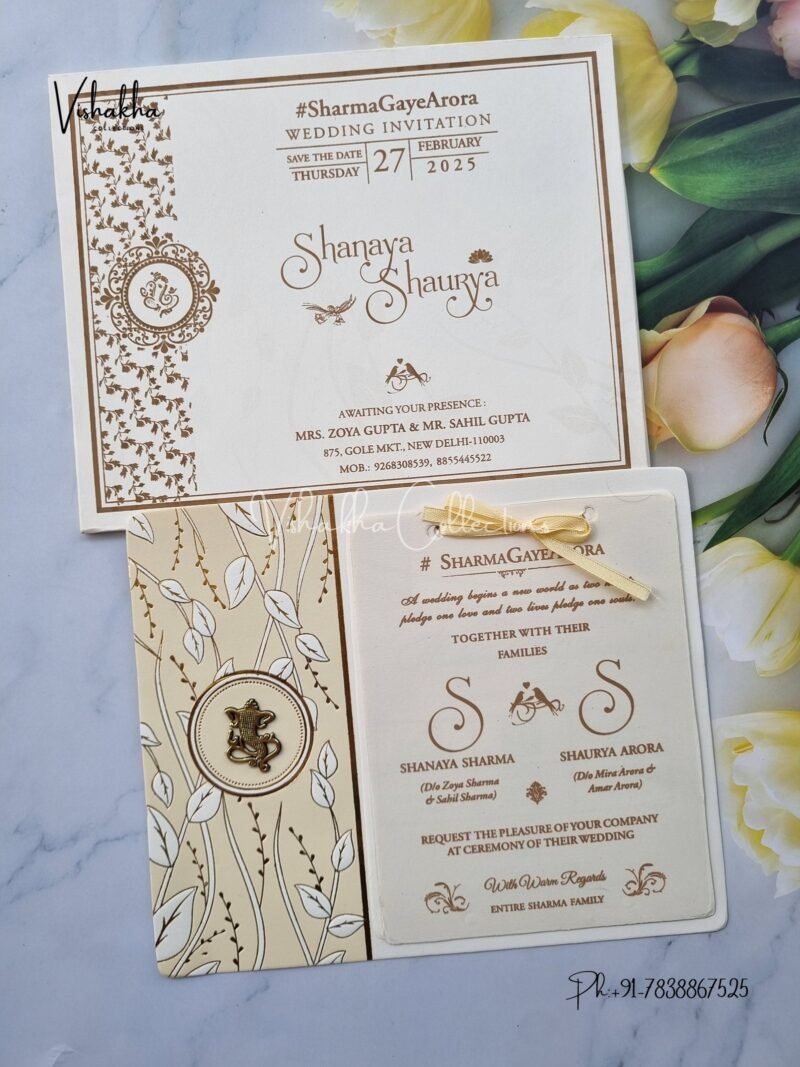 Semi Box White And golden Hindu invitation Cards ATS-1607