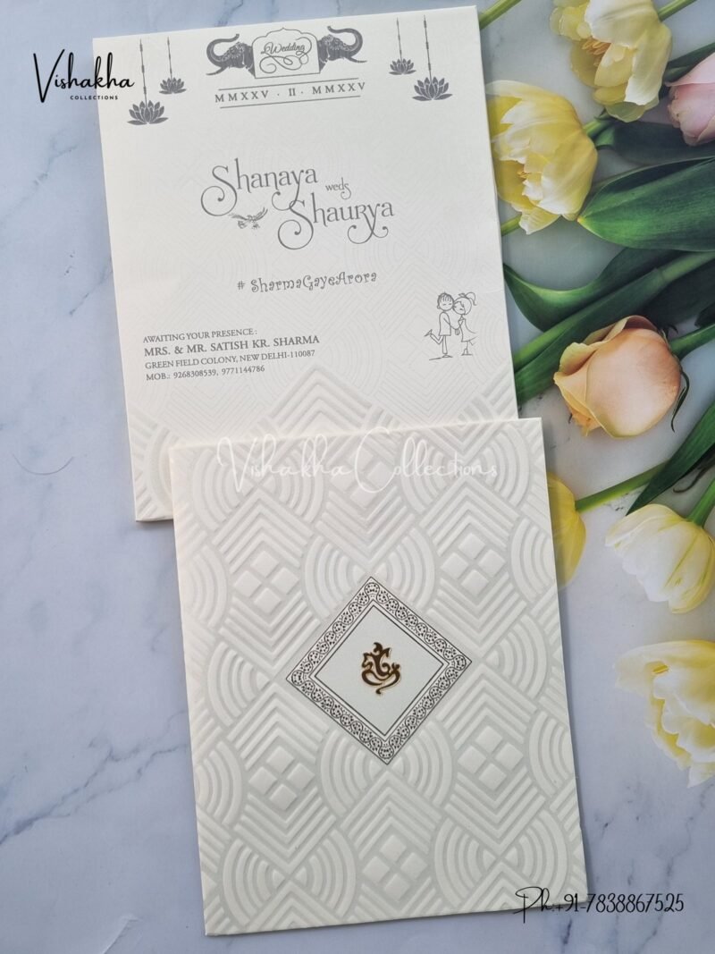 Semi Box White And golden Hindu invitation Cards ATS-1629