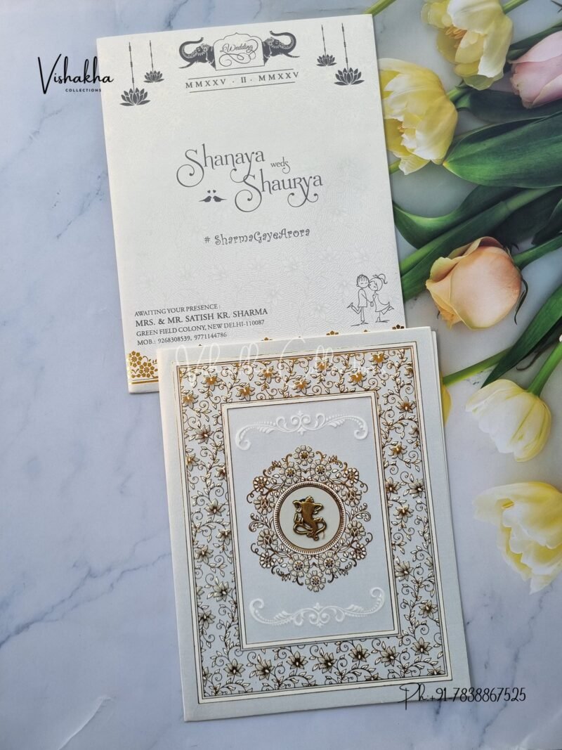 White And golden Hindu invitation Cards ATS-1624