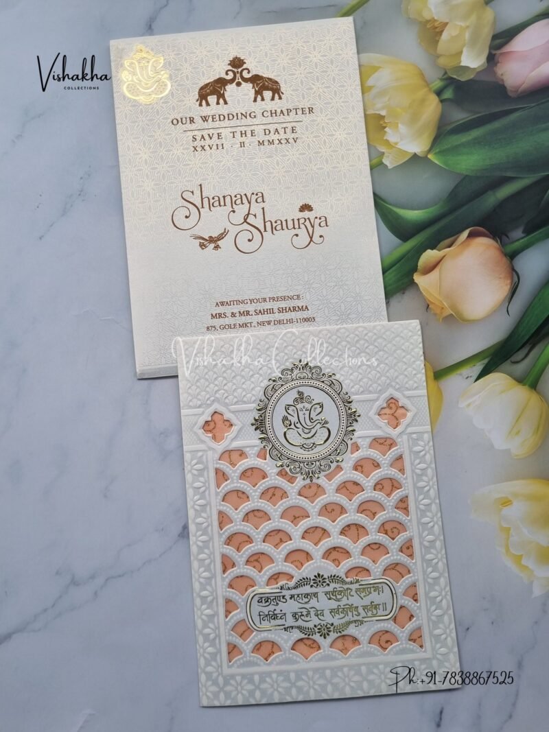 White And golden Hindu invitation Cards ATS-1630