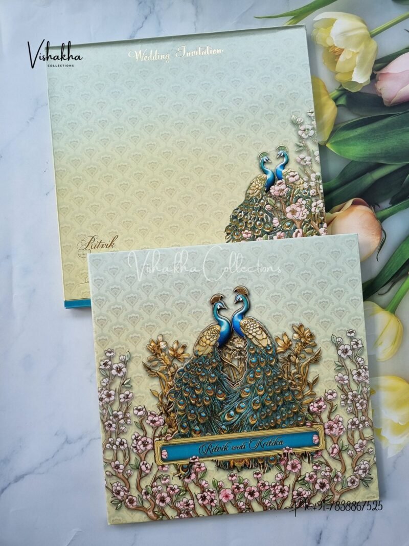 Peacock Flower Hindu Sikh Padded MDF Board Laser Cut invitation Cards EX-722