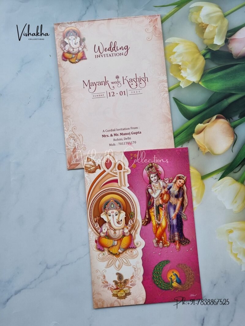 Radha Krishna Peacock Ganesh Ji Double Door Hindu invitation Cards NA-1124-64