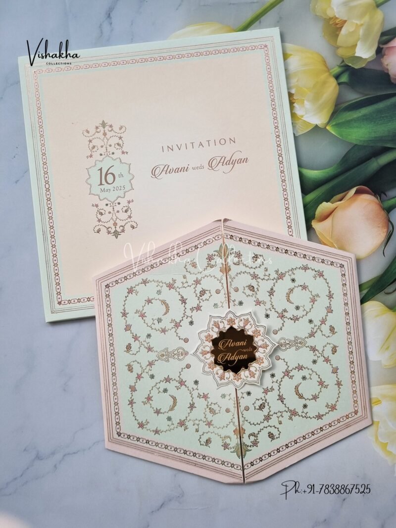 Unique Concept Semi Box Flower Double Door Hindu Muslim Christian Jain Sikh With Emblem invitation Cards CH-1908